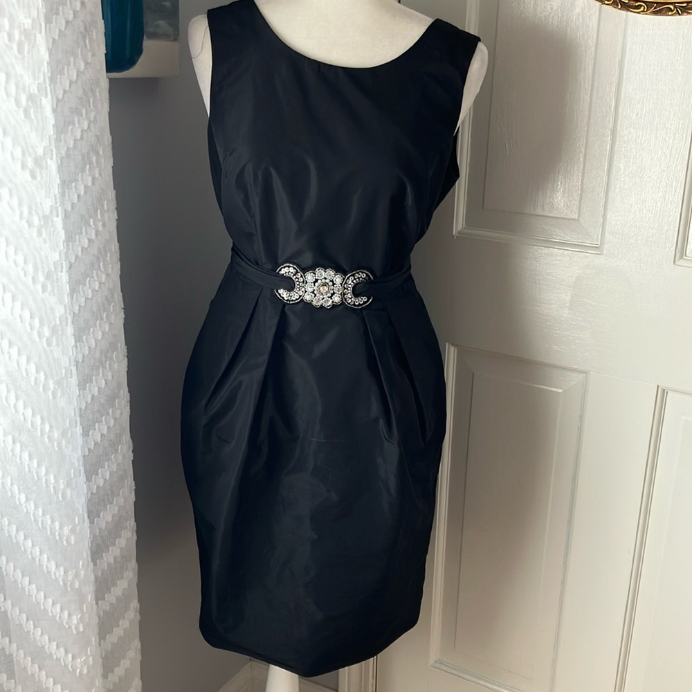 Vintage taffeta little black dress crystal jewel statement belt pockets EUC 6P